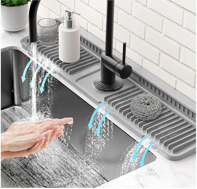 Silicone Kitchen Sink Faucet Drain Mat, Water Splash Guard for Kitchen and Bathroom Countertop, Gray