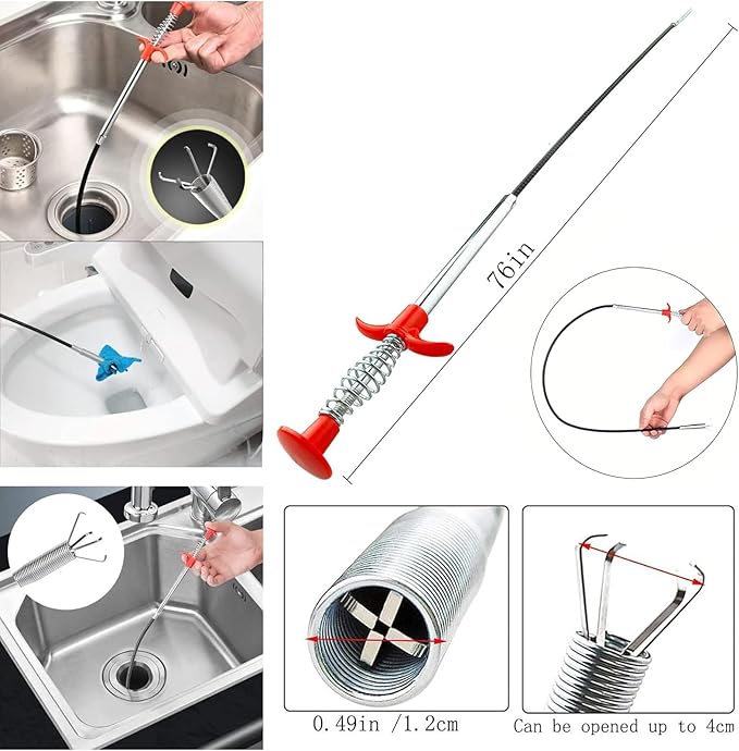 Drain Snake，Plumbing Drain Clog Remover, Gutter Cleaning Tools for Toilet Shower Kitchen Bathroom Tub, Clogged Drains Opener Cleaning Tool, Flexible Grabber Claw Pick Up Reacher （76 in）