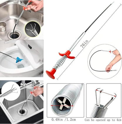 Drain Snake，Plumbing Drain Clog Remover, Gutter Cleaning Tools for Toilet Shower Kitchen Bathroom Tub, Clogged Drains Opener Cleaning Tool, Flexible Grabber Claw Pick Up Reacher （76 in）