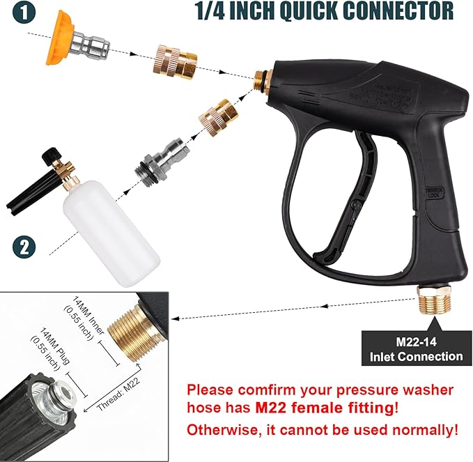 Clatoon Pressure Washer Short Gun, Foam Cannon with 1/4 Inch Quick Connector, Power Washer with 5 Pressure Washer Nozzle Tips, M22-14 mm Inlet Connector