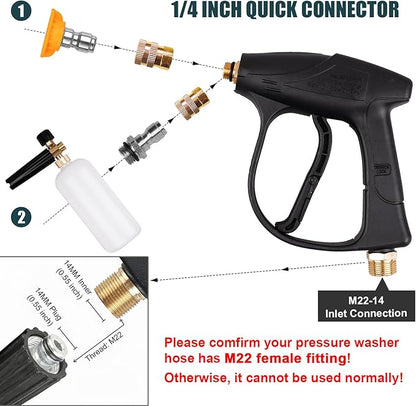 Clatoon Pressure Washer Short Gun, Foam Cannon with 1/4 Inch Quick Connector, Power Washer with 5 Pressure Washer Nozzle Tips, M22-14 mm Inlet Connector