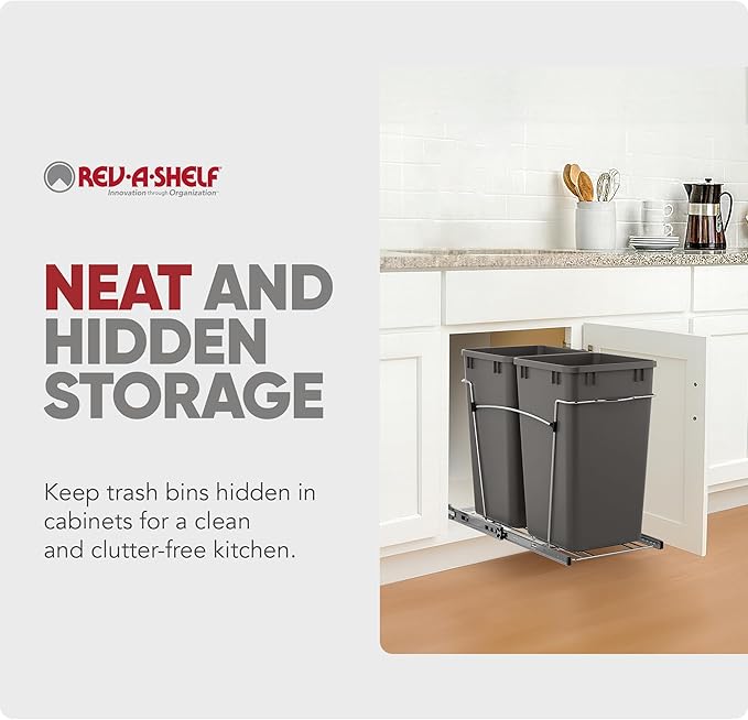 Rev-A-Shelf Double 27 Qt Pullout Trash Can for Base Kitchen Cabinets, Garbage Waste Bin System with Full Extension Slides, Min Opening Width of 11.5", Orion Gray, RV-15KD-13C-S