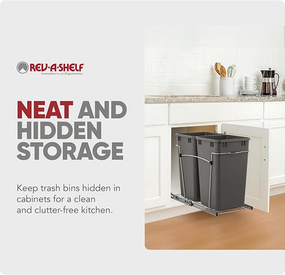 Rev-A-Shelf Double 27 Qt Pullout Trash Can for Base Kitchen Cabinets, Garbage Waste Bin System with Full Extension Slides, Min Opening Width of 11.5", Orion Gray, RV-15KD-13C-S
