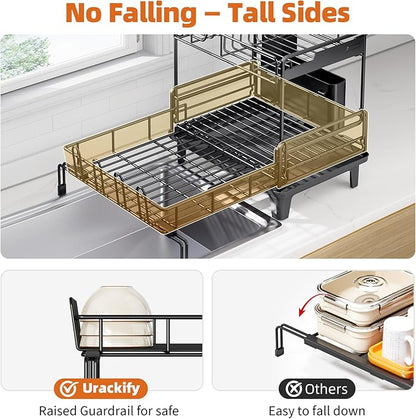 Urackify Dish Drying Rack - Extendable Dish Drainer, Large Dish Rack for Kitchen Counter, Rustproof Dish Strainer with Utensil Holder and Cups Holder, 2 Tier Black
