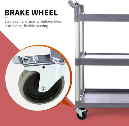 3-Tier Utility Rolling Cart with Wheels, Durable Catering carts with Wheels, Rolling Storage Cart for Hotel Canteen Resturant Office (Gray, 31.4" D x 16.5" W x 37.7" H)