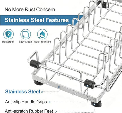 GSlife Small Dish Drying Rack for Counter, Stainless Steel Expandable Dish Drainer with Drain Board and 360° Swivel Spout, Compact for RV, Camper or Over Sink Use, 1-2 People, Narrow 6.5" W, Silver
