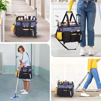 JKAOO Large Rolling Cleaning Caddy Bag with Detachable Trolley, Waterproof Cleaning Caddy on Wheels for Housekeepers, Cleaning Cart Supplies Organizer for Home,Car,Office,Picnic (Denim Blue)(InPatent)