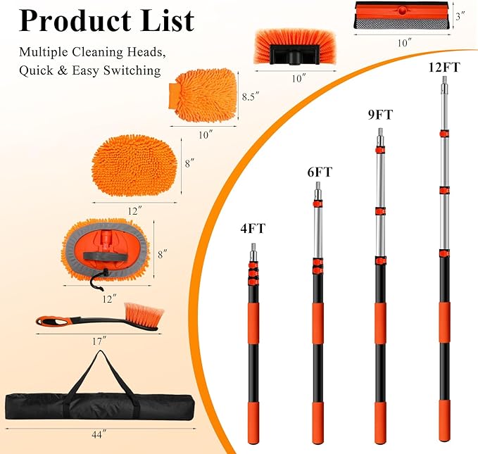 Truck Wash Kit with Long Handle, 12FT Extension Pole with Car Wash Brush, Mop & Window Squeegee, Exterior Cleaning Kit for RV, Large Truck & Car, Includes Wheel Brush, Wash Mitt & Storage Bag