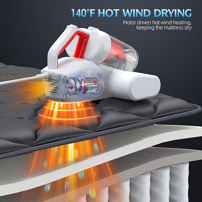 Mattress Vacuum Cleaner, 16Kpa 600W Bed Vacuum Cleaner with 253.7nm UV-C Light & Heating Tech & 40000 RPM/Min Brushroll Rotation, Widened Suction Port, Corded