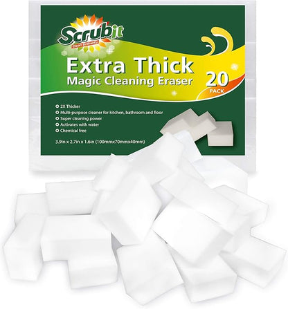 (20 Pack) Extra Thick Magic Sponge Eraser by SCRUBIT- Kitchen, Bathroom, Floor and Wall Cleaner - Miracle Melamine Cleaning Sponges- Durable Long Lasting Foam Scrubbing Pads for Tough Stains and Dirt