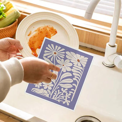 Spring Flower Swedish Dishcloths for Kitchen, Boho Purple Swedish Dish Cleaning Cloths for Floral, 4 Pack Dish Towels for Kitchen, Papaya Reusable Paper Towels Washable
