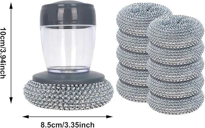 Soap Dispensing Dish Brush with Replaceable Nylon Balls, Comfort Grip Handle for Kitchen Scrub - Built-in Soap Dispenser for Cleaning Dishes, Pots, Pans, Sinks & Bathtubs (1+10pcsballs)