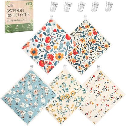 wlich 5PCS Swedish Dishcloths for Kitchen, Reusable Dish Rags for Washing Dishes with Clips, Non-Scratch Kitchen Towels and Dishcloths Sets, Washable Swedish Dish Cloths, No Odor(Plant)