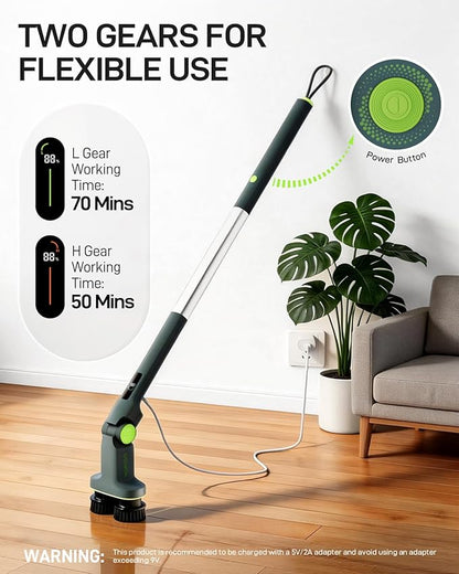 Electric Cleaning Brush, Dual Head Power Brush Scrubber with Infrared Control, 8-in-1 Cordless Power Scrubber for Bathroom & Shower, Electric Scrubber with Adjustable Handle for Bathtub, Tile, Floor