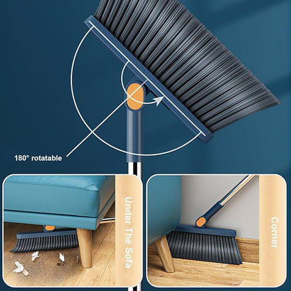 37.8in Broom and Dustpan Set Foldable Hand Broom for Home & Kitchen with Rotatable Standing Storage, Buckle Type Broom with Dustpan Combo Set Outdoor Brooms Cleaning Tool Apartment Essentials (Blue)