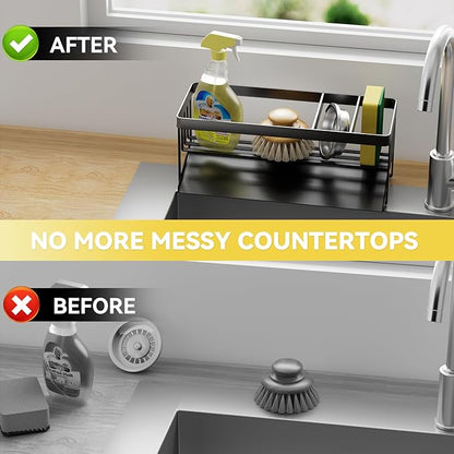 Kitchen Sink Caddy Organzier with Sponge Holder and Removable Drip Tray for Kitchen Sink, 304 Stainless Steel Organize for Sponge Soap Dish Brush Storage Accessories(Black)