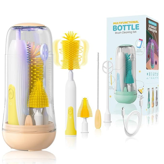 IvyWind Electric Travel Baby Bottle Brush Set with Storage Box, Automatic Bottle Cleaner Brush Kit with Silicone Bottle/Nipple/Straw Brush,Milk Frother Electric and Drainage Rack, Rechargeable, Yellow