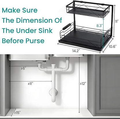 Pull Out Under Sink Organizer, 2 Tier Under Sink Storage with Suction Cups, PVC Mat, Sliding Drawer, Metal Cleaning Supplies Shelf Cabinet Organizer for Kitchen, Laundry, Pantry, Bathroom