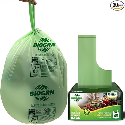 10-13 Gallon Compostable Trash Bags with Handles Tie 30 Bags Biodegradable Garbage Bags Food Scrap Green Waste Bags Thick 0.87 Mil 49.21 Liter ASTM D6400, US BPI and OK Compost Home Certified