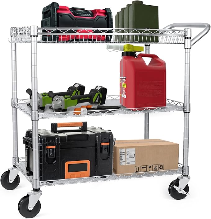 WDT Heavy Duty 3 Tier Utility Cart,Wire Rolling Carts with Wheels, Commercial Grade Service Cart with Shelving Liners and Handle Bar Metal Carts for Kitchen Office Hardware