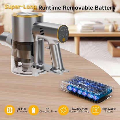 Cordless Stick Vacuum Cleaner - 45KPA Powerful Suction Vacuum with 45 Min Runtime, Detachable Battery, Anti-Tangle & 1.5L Dust Cup, 8 in 1 Vacuum Cleaner for Pet Hair, Carpet, HardFloor, Yellow