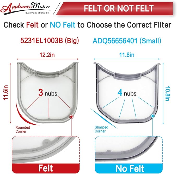 APPLIANCEMATES 5231EL1003B Dryer Lint Filter with Felt Seal Compatible for Lg and Ken-more Dryer Lint Screen Replacement Part # 1266857, AP4440606 Includes Clothes Dryer Lint Vent Trap Cleaner Brush