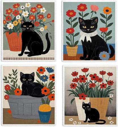 Cat Flowers Swedish Dishcloths for Kitchen, Papaya Reusable Paper Towels, 4 Pack Watercolor Dish Towels