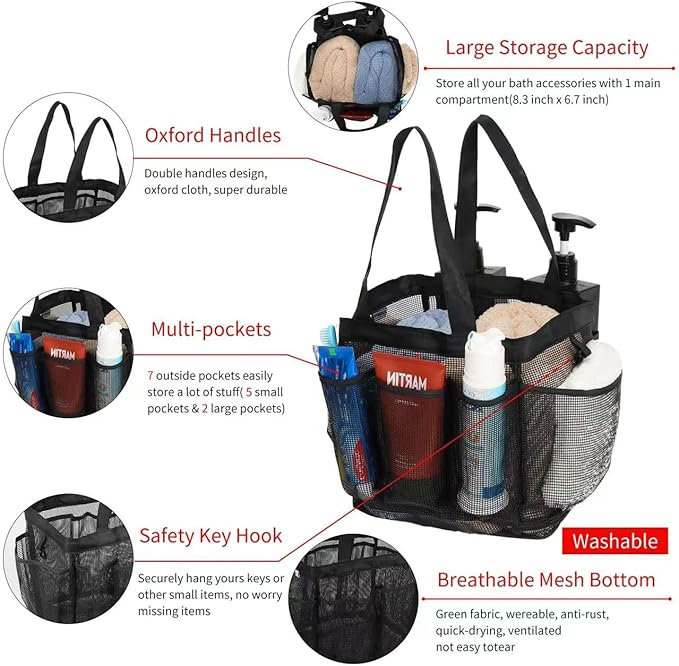 2 Pack Haundry Mesh Shower Caddy Tote Bag Hanging Portable Toiletry Bag College Dorm Essentials Quick Dry Bath Organizer for College Dorms, Gym, Camp for Bathroom Accessories(Grey + Black)