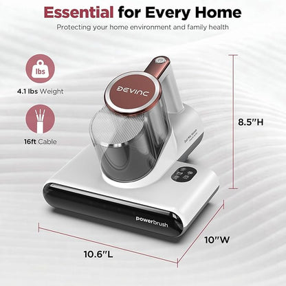 DEVINC Mattress Vacuum Cleaner, 16Kpa 650W Bed Vacuum Cleaner with 245nm UV-C Light& Ultrasonic, 140°F Heat, HEPA Filter, Versatile Handheld Vacuums for Bed, Sofa, Couch, Crib, Beige Corded