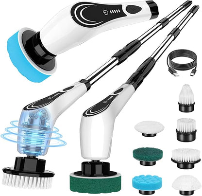 Electric Spin Scrubber, Cordless Power Scrubber with 7 Brush Heads &Telescopic Handle, Lightweight Bathroom Scrubber for Cleaning Tile Grout Tub Shower Floor Window, White-rx2