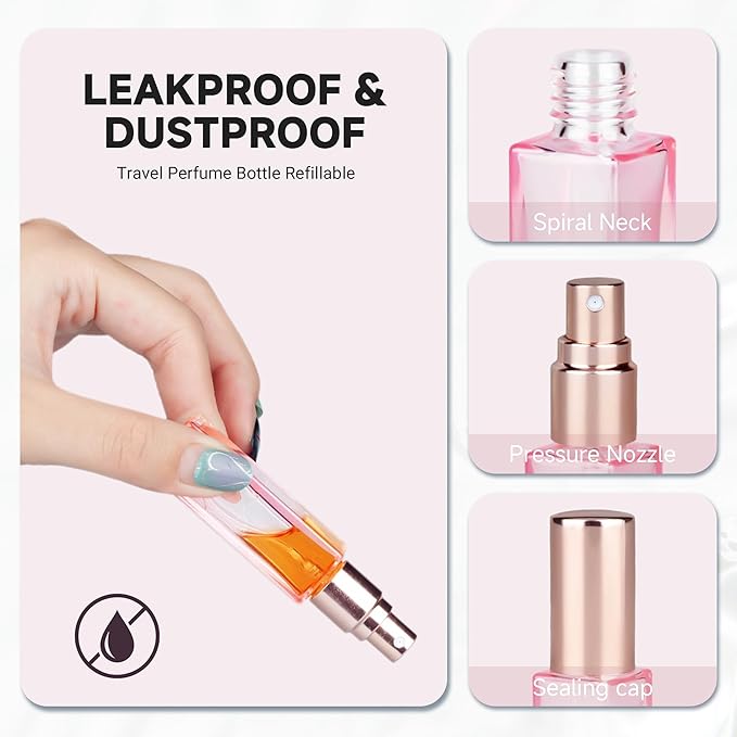 Perfume Refill Bottle, Mini Leak-proof Portable Perfume Travel Refillable Dispenser, 5pcs 10ml Empty Atomizer Sprayer, Pocket Glass Bottle with Funnel and Pipette for Cologne (Light Pink)