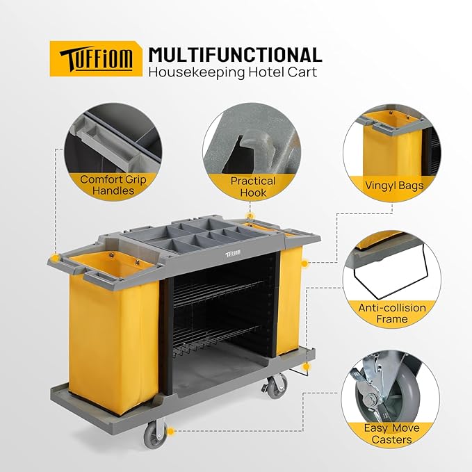 LEADZM Premium Hotel & Housekeeping Cart on Wheels, 154LBS Multifunctional Commercial Cleaning Cart with Large Capacity Vingyl Bags, Comfor Grip Handles and Easy Move Casters, Gray