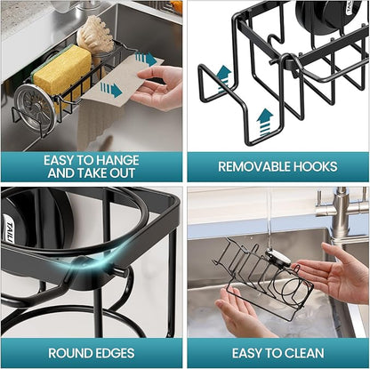 TAILI 4-in-1 Sponge Holder for Kitchen Sink with Strong Suction Cup Removable, Rustproof Stainless Steel Sink Caddy for Sponge, Brush, Scrubber, Scraper -Black