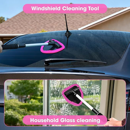 Pink Windshield Cleaner Tool, Car Interior Cleaning Kit with Extendable Handle and 3 Reusable Microfiber Pads, Auto Glass Wiper and Detailing Brush Kit for Car & Home Window