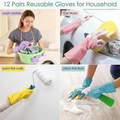 12 Pairs Rubber Cleaning Gloves for Dishwashing Reusable Kitchen Gloves for Washing Dishes and Household