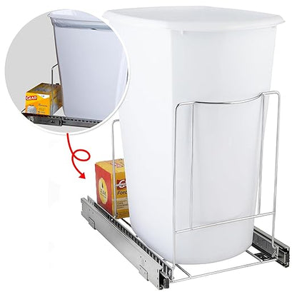 Pull-Out Trash Can for Cabinet -10 Gal / 40 qt – Heavy-Duty Chrome, Smooth Slide with Trash Bag Storage – Fits 11" Cabinet Opening (Bin Not Included)