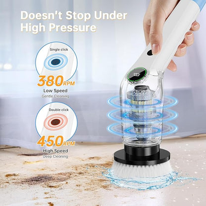 PUFTEM Electric Spin Scrubber, Cordless Shower Scrubber with 8 Scrub Brush, 2 Speed with Adjustable Extension Handle, Battery Level Display, Power Scrubber for Bathroom Bathtub Tile Floor, White