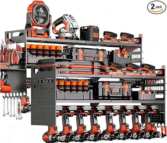 2-Pack Large Power Tool Organizer Wall Mount,Heavy Duty Cordless Tool Organizer with 18 Drill Holder,600 Lbs Capacity 3-Layer Garage Organization for Garage and Workshop (Black)