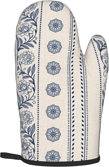 Boho Oven Mitts Set – Vintage Floral Pot Holders Kitchen Gloves for Women Bohemian Kitchen Mitts Potholders Set of 2 Durable for Cooking & Baking