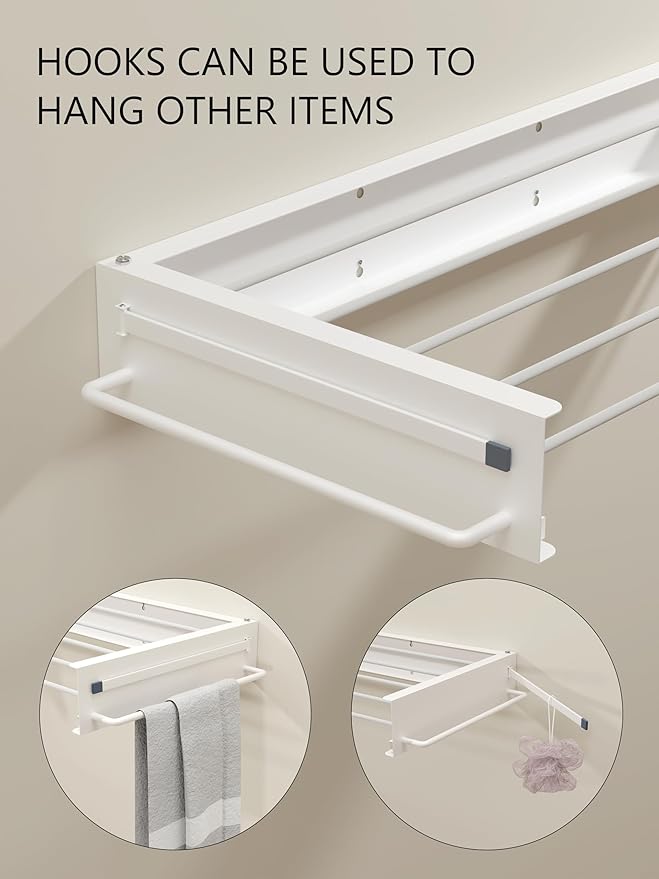 JOOM Laundry Drying Rack Collapsible, Wall Mounted Drying Rack, Clothes Drying Rack, 31.5" Wide, 5 Aluminum Rods, 60 lb Capacity (White 31.5" with Hooks)