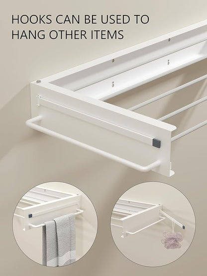 JOOM Laundry Drying Rack Collapsible, Wall Mounted Drying Rack, Clothes Drying Rack, 31.5" Wide, 5 Aluminum Rods, 60 lb Capacity (White 31.5" with Hooks)