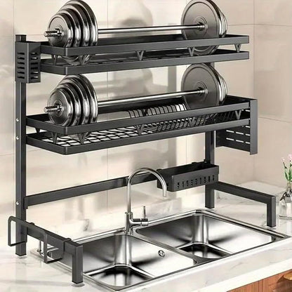 3-Tier Over Sink Dish Draining Rack Adjustable Width and Height with Phone Holder Cup Holder, Knife and Chopstick Holder, Cutting Board Rack, Space-Saving Rack