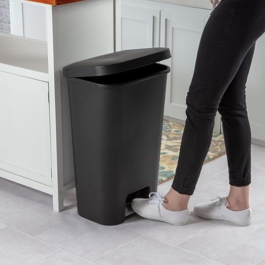Sterilite 11.9 Gallon Rectangular Step On Kitchen Plastic Indoor Wastebasket with Wide Opening Lid and Comfort Handle for Home, Black (8 Pack)