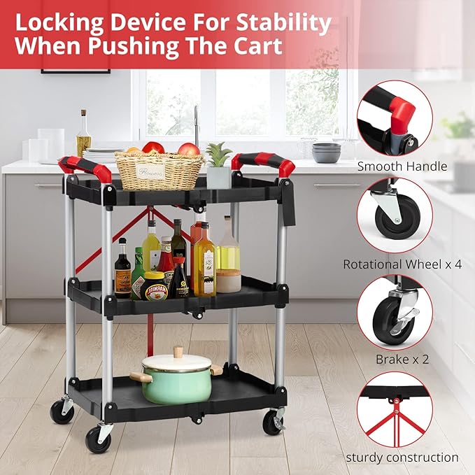 Towallmark Portable Folding Service Cart, 3 Tier Folding Utility Cart, Collapsible Utility Carts for Office, Warehouse, and Home, 56 Lbs Load Capacity per Shelf (Black & Red)