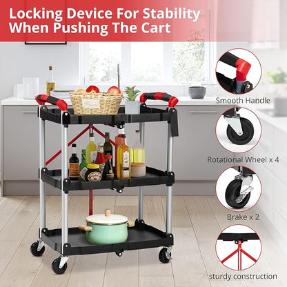 Towallmark Portable Folding Service Cart, 3 Tier Folding Utility Cart, Collapsible Utility Carts for Office, Warehouse, and Home, 56 Lbs Load Capacity per Shelf (Black & Red)