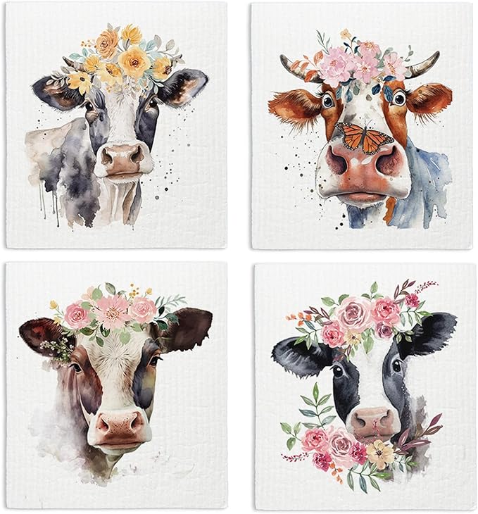 Cow Floral Cute Swedish Dishcloths for Kitchen, 4 Pack Cute Cow Gifts Swedish Dish Cloths Towels for Kitchen Bathroom Office Housewarming Gifts, Papaya Reusable Paper Towels Washable