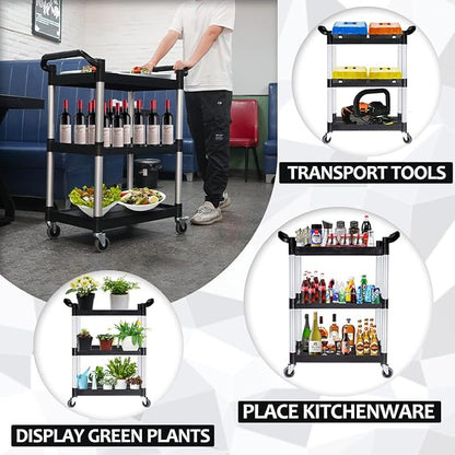 Plastic Utility Carts with Wheels, Heavy Duty 510lbs Capacity Rolling Service Cart, 3-Tier Restaurant Food Cart with Hammer for Office, Warehouse, Garage (Lockable Wheels, Black)