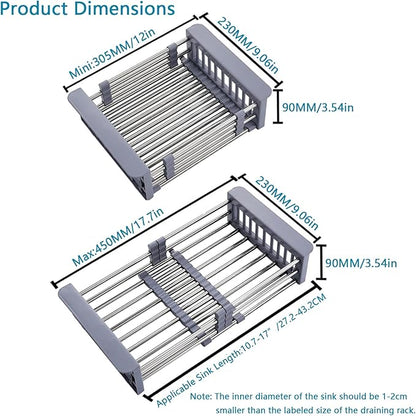Sink Dish Drying Rack, Stainless Steel Drainer for 10.7"-17" Sinks, Kitchen Countertop Organizer for Dishes, Vegetables, and Fruits (Grey & Small)