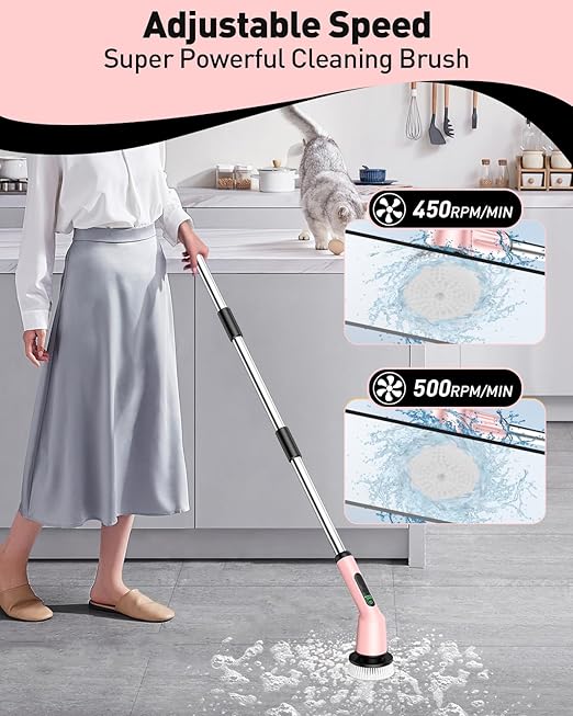 Shower Scrubber with Long Handle, Bathroom Cleaner Brush with 8 Brush Heads, Cordless Electric Spin Scrubber for Cleaning with 2 Speed, Cleaning Supplies for Bathtub Kitchen Floor Tile Toilet