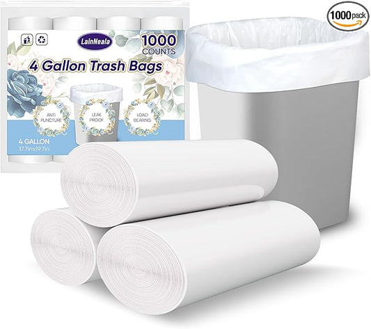 LainNeala Small Trash Bags 4 Gallon, 1000 Count Small Garbage Bag Bathroom White Mini Trash Bag Trash Can Liners Unscented Garbage Bags for Bathroom Can